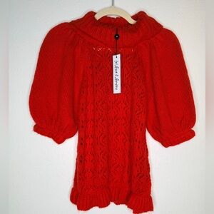 NWT ✨ For Love & Lemons Red Puff Sleeve Knit Sweater Mock Neck Lace Small